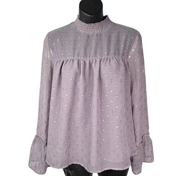Sheer Long Bell Sleeve Lilac Mauve Flowy Peasant Blouse Gold Pattern Women’s M - Picture 1 of 8